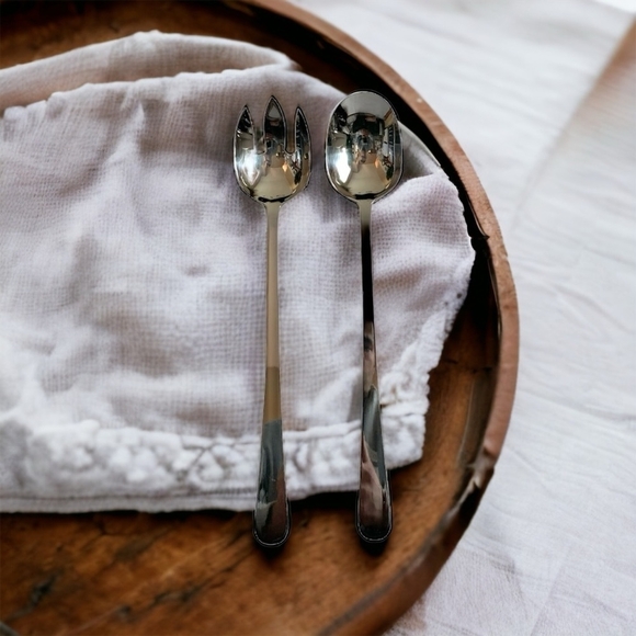 VNTG Serving Silverware AMCO 2Pcs SALAD SET Stainless Steel Serving Spoon & Fork - Picture 1 of 5